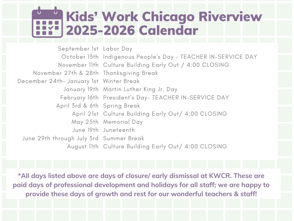 A Kids Work Chicago Riverview calendar showing events held in 2025 and 2026